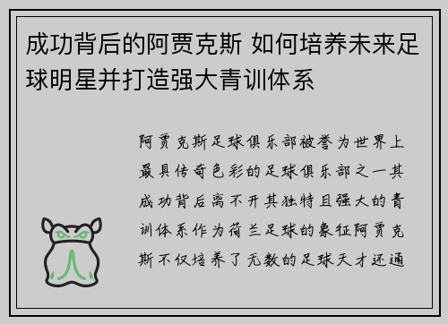 成功背后的阿贾克斯 如何培养未来足球明星并打造强大青训体系