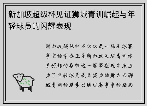 新加坡超级杯见证狮城青训崛起与年轻球员的闪耀表现