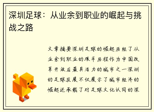 深圳足球：从业余到职业的崛起与挑战之路