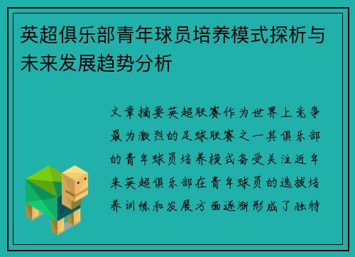 英超俱乐部青年球员培养模式探析与未来发展趋势分析 英超俱乐部青年球员培养模式探析与未来发展趋势分析